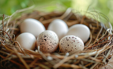 Naklejka na ściany i meble Speckled eggs in straw nest on green background - Organic farm eggs with rustic feel