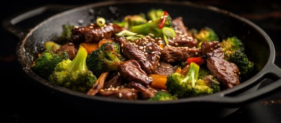 A savory dish of beef and broccoli cooked in a skillet, featuring a blend of tender meat and fresh...