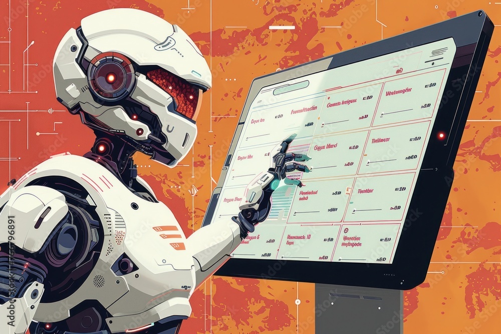 Poster futuristic robot assistant with touch screen display of information, data, or options.