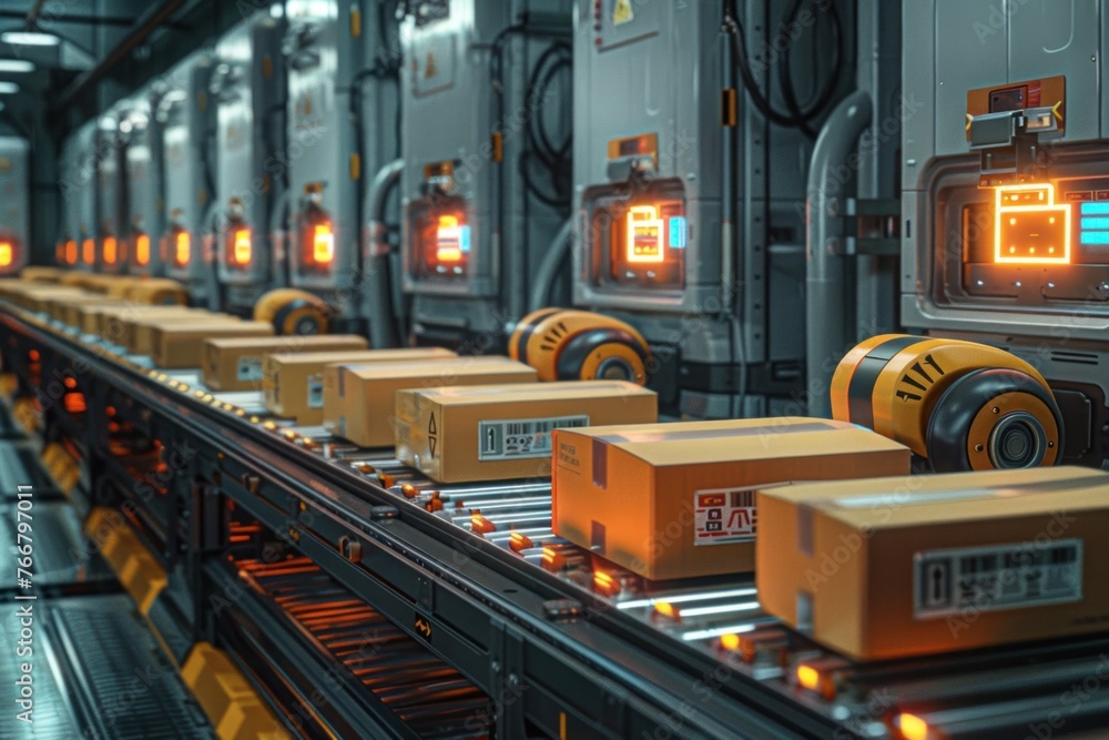 Poster automated futuristic factory assembly line with conveyor belt boxes