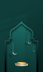 Ramadan Kareem background with mosque and golden podium. Vector illustration