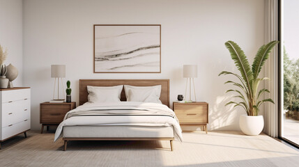 A chic bedroom featuring a king-sized bed and a white frame above a wooden dresser.