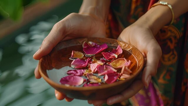 A womans hands gently massaging a warm oil infused with fragrant rose petals onto her skin embodying the selfcare and healing rituals of Ayurveda.