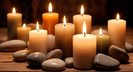 Fototapeta na wymiar Background of burning candles and stones
