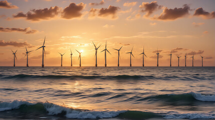 Wind farm in the ocean on sunset background.