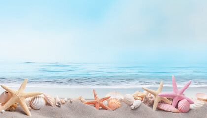 Fototapeta na wymiar Starfish and seashells on white sand by the sea