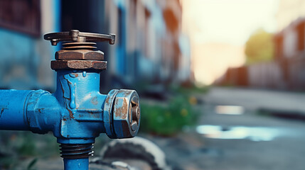 Blue valve for drinking water pipeline, close-up photo - obrazy, fototapety, plakaty