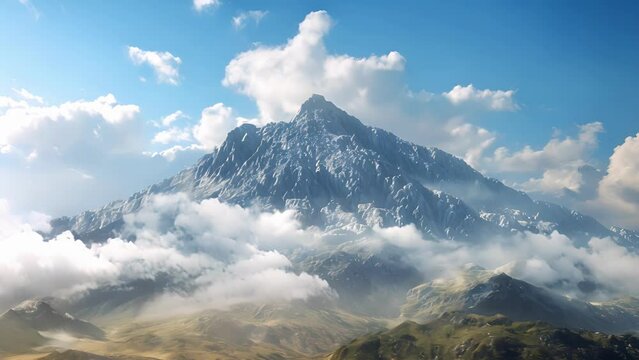 A rugged mountain peak standing tall against a backdrop of a clear blue sky and rolling clouds. The majesty of this untouched landscape is a powerful reminder of natures calling