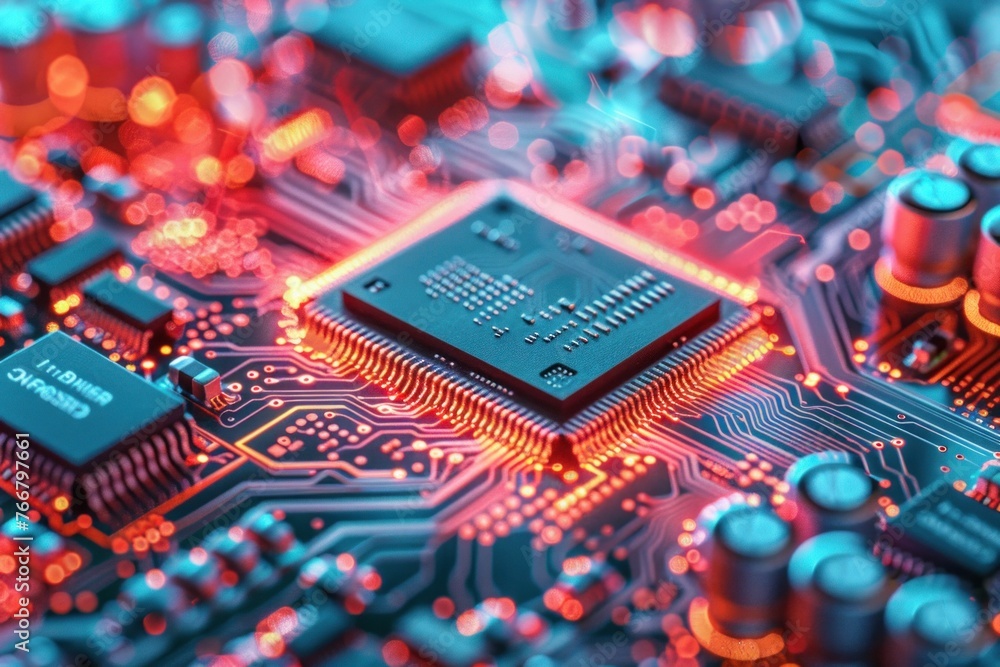 Poster close-up of a computer chip on a circuit board with orange backlight