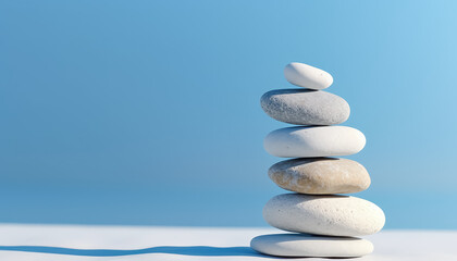 Fototapeta na wymiar Balancing white stones on blue background