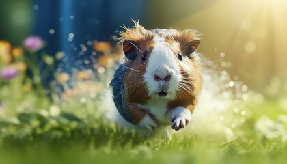 Guinea pig running on meadow on summer day happy - obrazy, fototapety, plakaty
