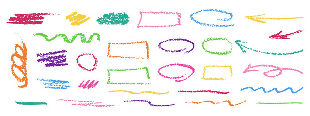 Color crayon doodles. Arrows, circles, underlines and frames in pencil. Kids doodles with brush