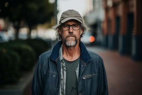 Portrait of a senior man with hat and glasses walking in the city.