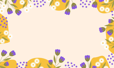 Abstract organic shapes with hand drawn daisy and tulips background with copy spaces