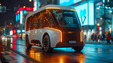 An electric delivery van with advanced tracking and navigation systems, symbolizing the future of eco - friendly shipping - obrazy, fototapety, plakaty
