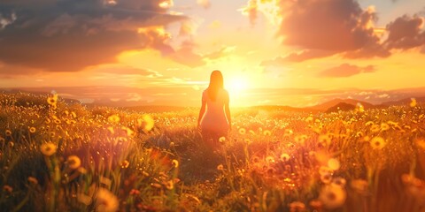 Sunrise Character Over Flourishing Field of Golden Flowers at Dawn Symbolizing New Beginnings and Achieving Dreams