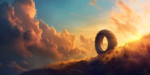 Wheel Character Overcoming Challenges on a Dramatic Uphill Journey Through a Surreal Landscape at...