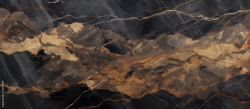 Poster close-up view of a detailed marble surface featuring an intricate pattern in black and gold colors, 