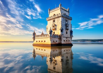 The monumental tower in the sea at Belem, Portugal
 - obrazy, fototapety, plakaty