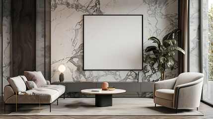 Modern minimalist interior with empty poster frame mockup