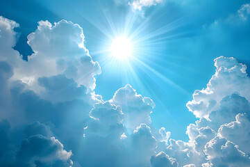 The image shows a shining sky with white clouds, creating a bright and peaceful atmosphere. - obrazy, fototapety, plakaty