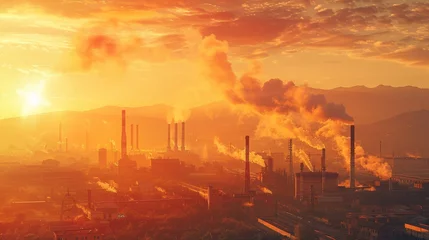 Foto op Canvas An industrial landscape with orange - tinted smokestacks emitting pollutants into the air, © Media Srock
