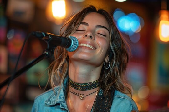 Portrait of a beautiful young woman singing into a microphone on stage with a warm smile
