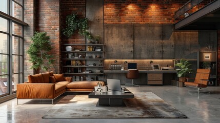  An industrial loft interior with minimalist furniture and a laptop on a sleek desk 