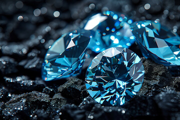 Brilliant blue diamonds on a black background with bokeh