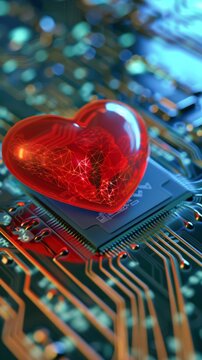 Digitally enhanced red heart emblem interacting with electronic pathways on a circuit board
