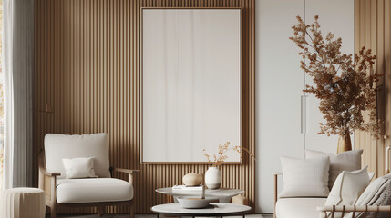 Fototapeta na wymiar Blank poster frame mockup with minimalist living room interior