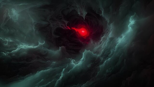 With a roar that echoes through the depths Cthulhu stirs from its slumber its piercing red eyes piercing through the darkness. Surrounded by a swirling vortex of whirlpools