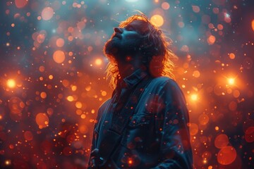 Bearded man looking up at the colorful lights in awe and wonder at a music festival