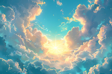 A peaceful and bright sky with shining sunlight and fluffy clouds. - obrazy, fototapety, plakaty