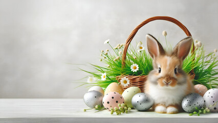 Cute little bunny among a collection of colorful easter eggs and basket of flowers, christian background - obrazy, fototapety, plakaty