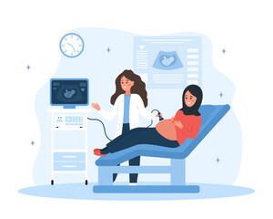 Ultrasound pregnancy screening concept. Female doctor doing fetus screening to future mother. Arab girl with belly looking in monitor. Embryo health diagnostic. Cartoon vector illustration.