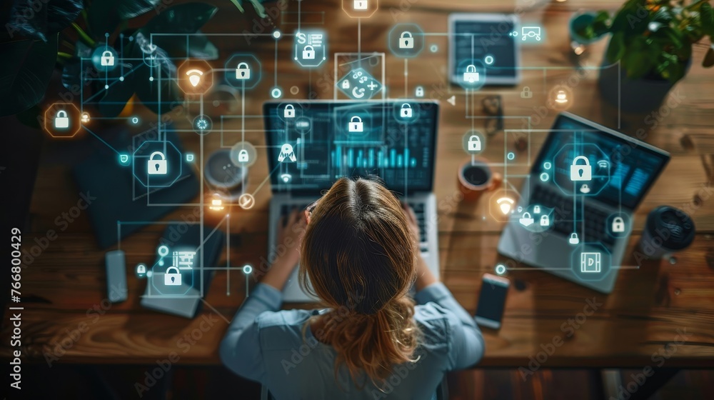 Aufkleber An overhead view of a person working on a laptop with security icons and padlock symbols on the screen,