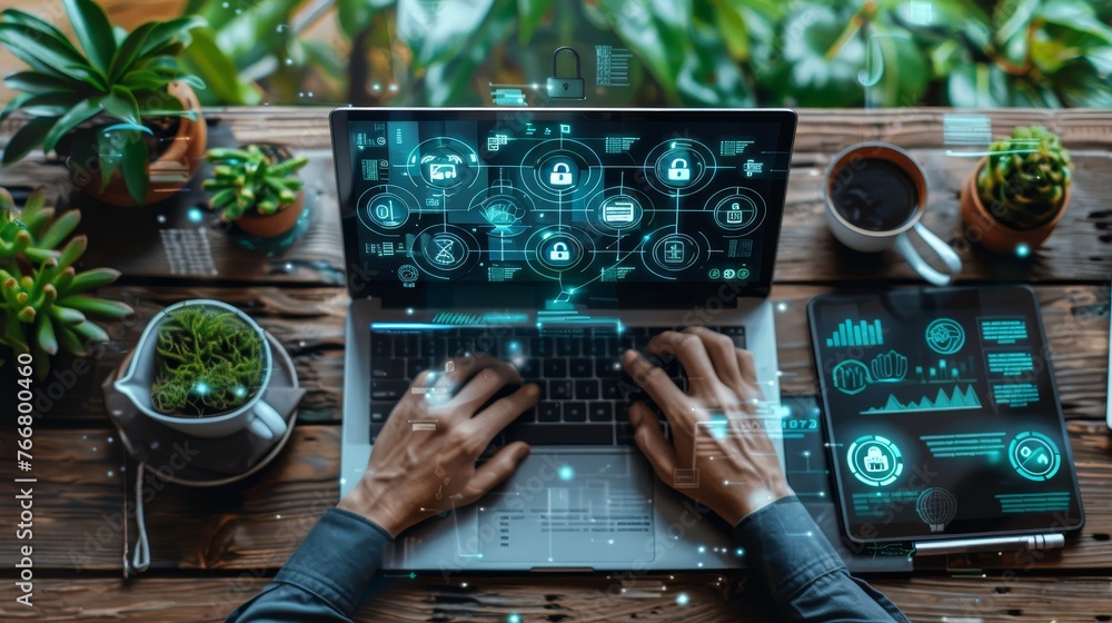 Aufkleber An overhead view of a person working on a laptop with security icons and padlock symbols on the screen,