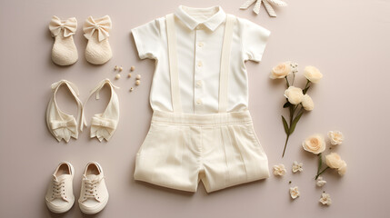 of white baby suit with shoes and flowers handmade natural charming precious background