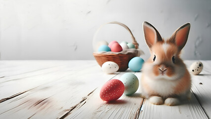 Cute little bunny among a collection of colorful easter eggs and basket, christian background