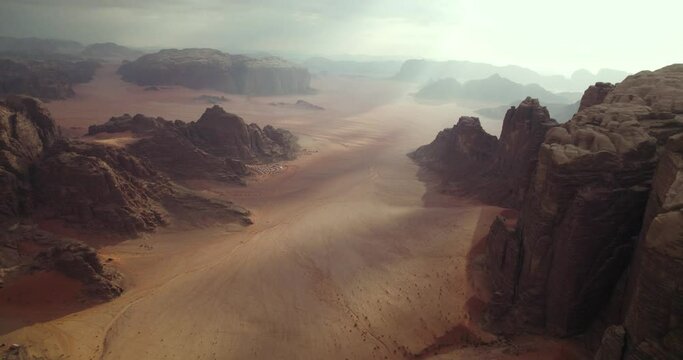 Valley of the Moon in the Middle East, Wadi Rum Desert Landscape in Jordan, Aerial
