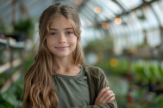 Portrait of a young girl smiling in a greenhouse with crossed arms