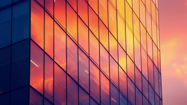 The orangepink sky reflecting off the sleek gl windows of a highrise office building.
