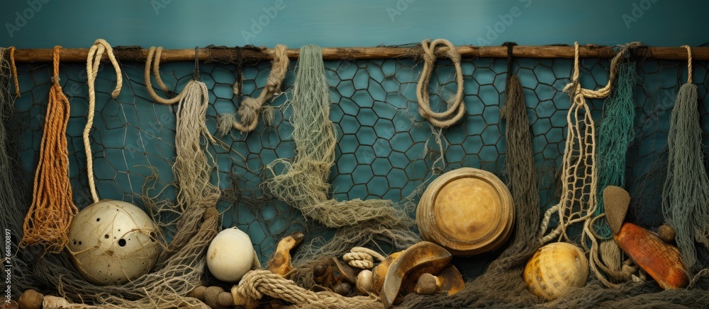 Poster a collection of fishing nets and ropes hanging on a wall, creating a rustic and artistic display per