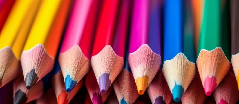 A row of colorful pencils stands in a perfect line, each one vibrant and unique. From electric blue to petal pink, they resemble a rainbow of artistic possibilities