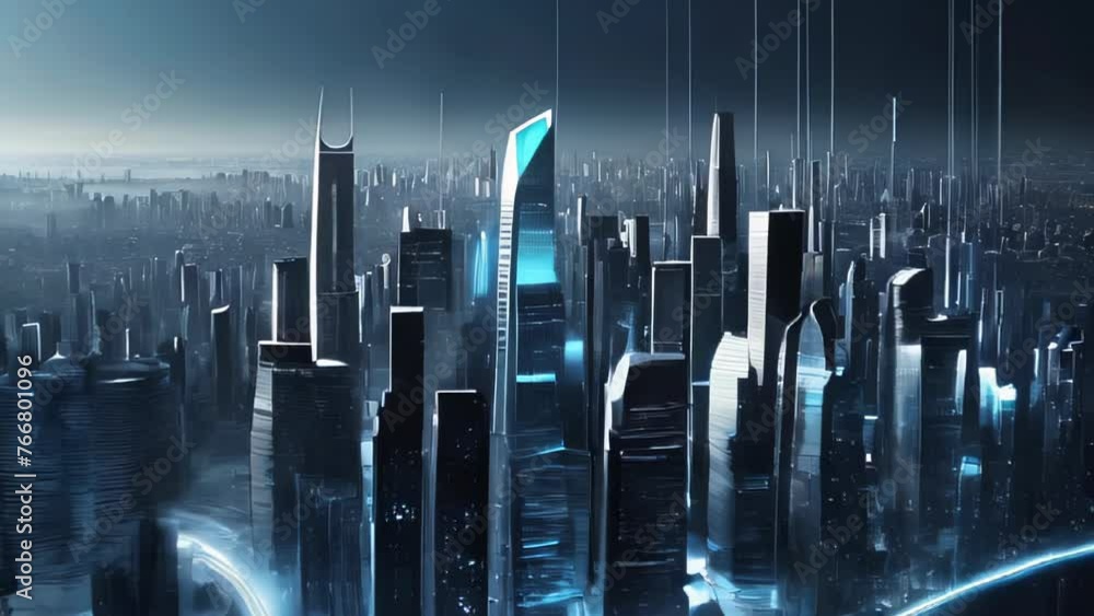 Wall mural Futuristic city with a skyline covered by streaks of light.
