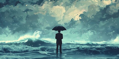 Solitary figure weathering a stormy sea during a financial crisis demonstrating resilience and determination - obrazy, fototapety, plakaty