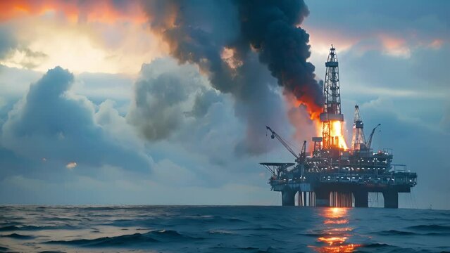 Dense smoke billows from the rigs exhaust stacks as it continues to extract resources from the ocean floor.