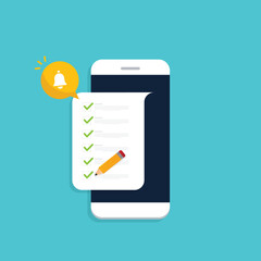 Check list document on smartphone, smartphone with paper check list and to do list with checkboxes, concept of survey, online quiz, completed things or done test, feedback.