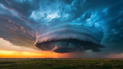 Structured supercell thunderstorm on sunset sky